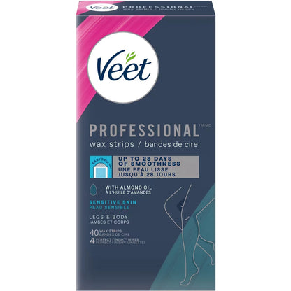 Veet ProfessionalTM Wax Strips, For Legs & Body, Sensitive Skin, With Almond Oil front package