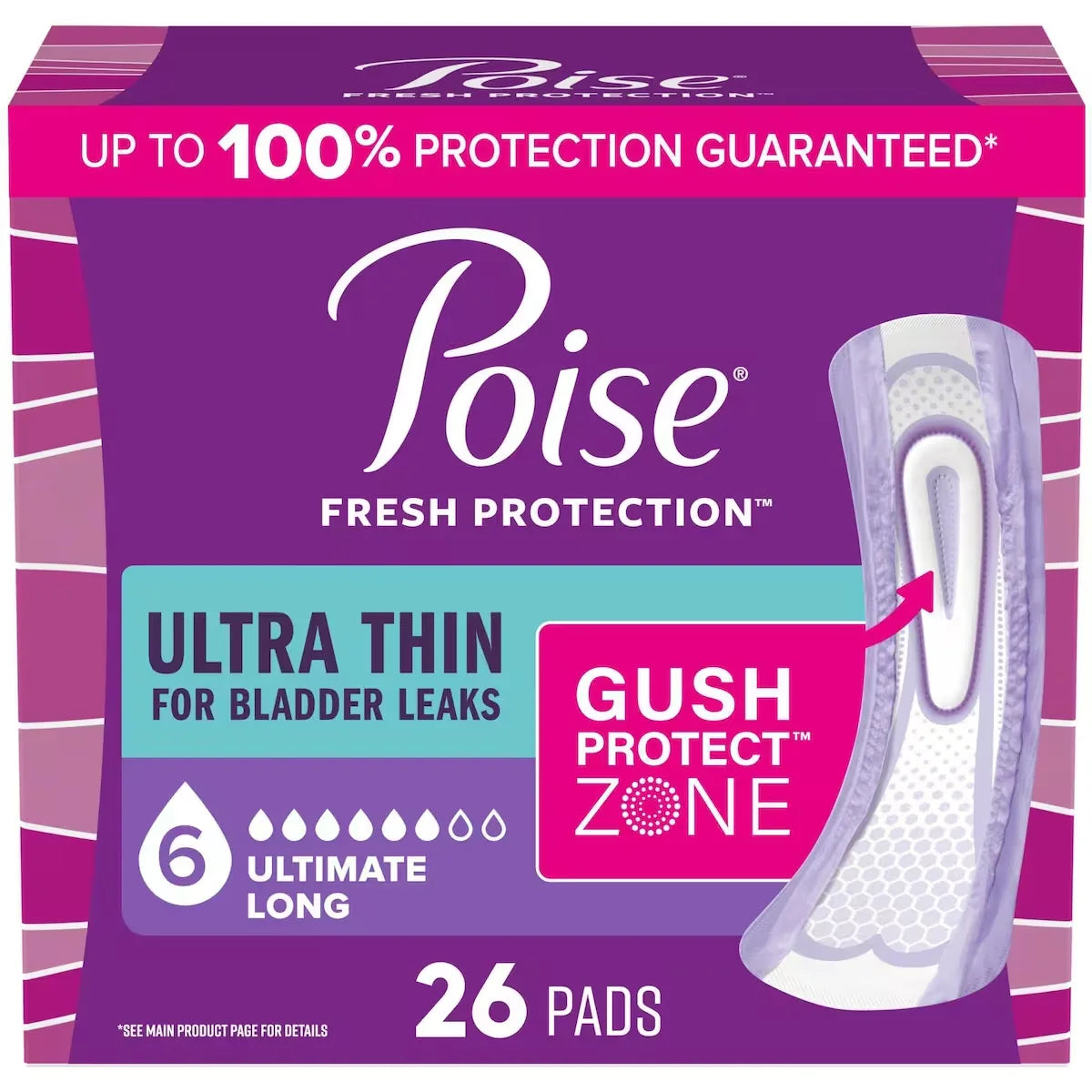 Poise Ultra Thin Incontinence & Postpartum Pads for Bladder Leaks, 6 Drop Ultimate Absorbency, Long Length front package