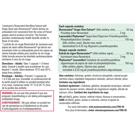 Jamieson Resveratrol Red Wine Extract with Grape Seed Capsules product detail