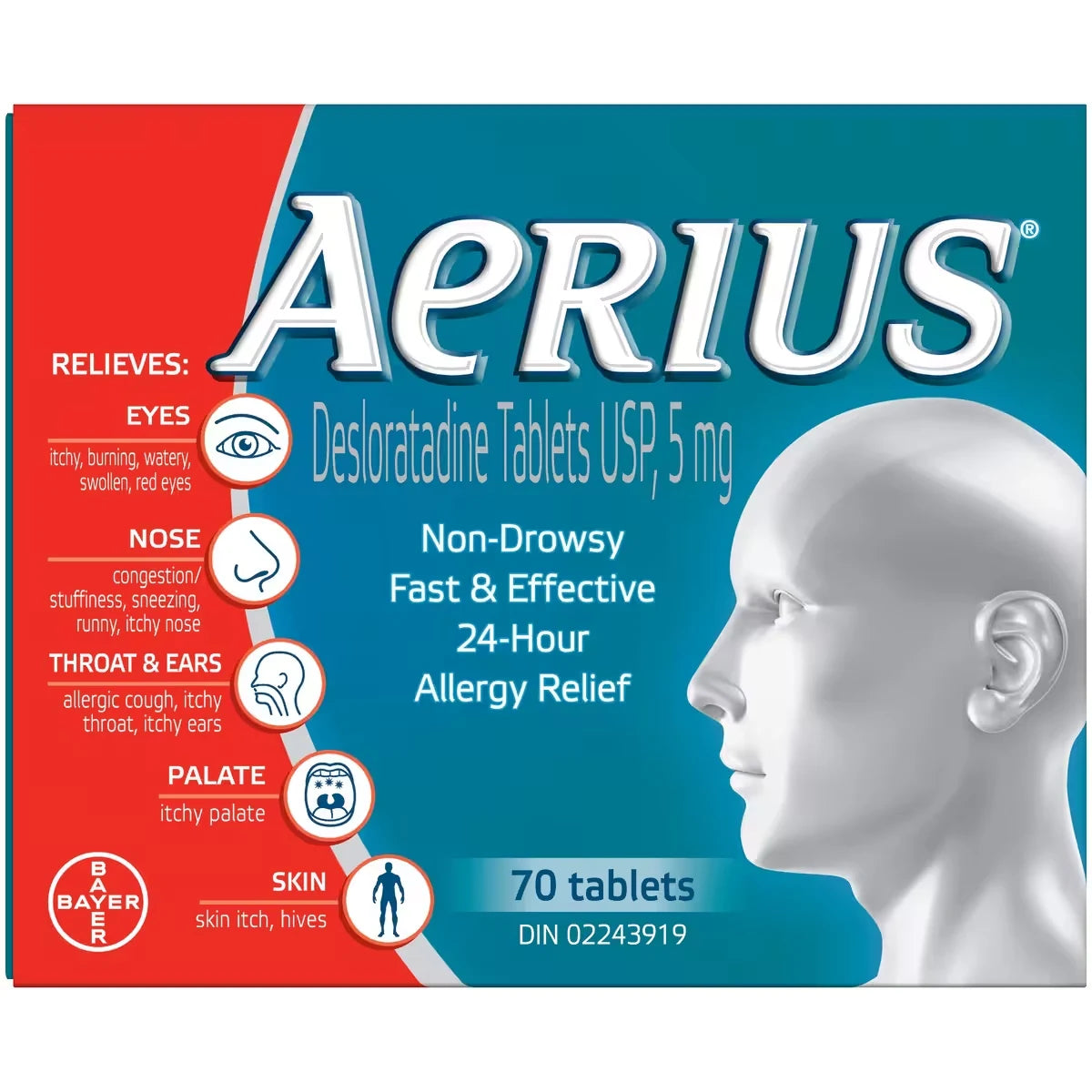 Aerius Allergy Medicine, 24-Hour, Non-Drowsy, 70 Tablets product package