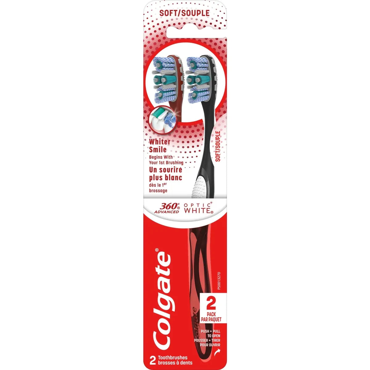 Colgate 360 Optic White Advanced Soft Adult Manual Toothbrush, 2pk front package