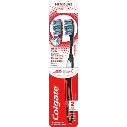 Colgate 360 Optic White Advanced Soft Adult Manual Toothbrush, 2pk front package