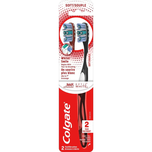 Colgate 360 Optic White Advanced Soft Adult Manual Toothbrush, 2pk front package