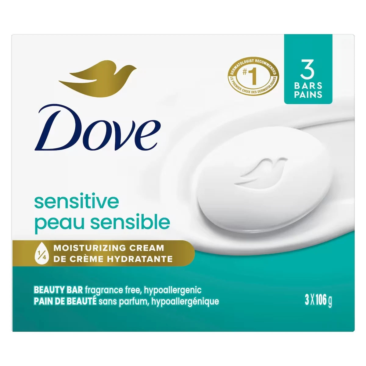 Dove Beauty Bar for sensitive skin care Sensitive Skin 106 g 3 count front package