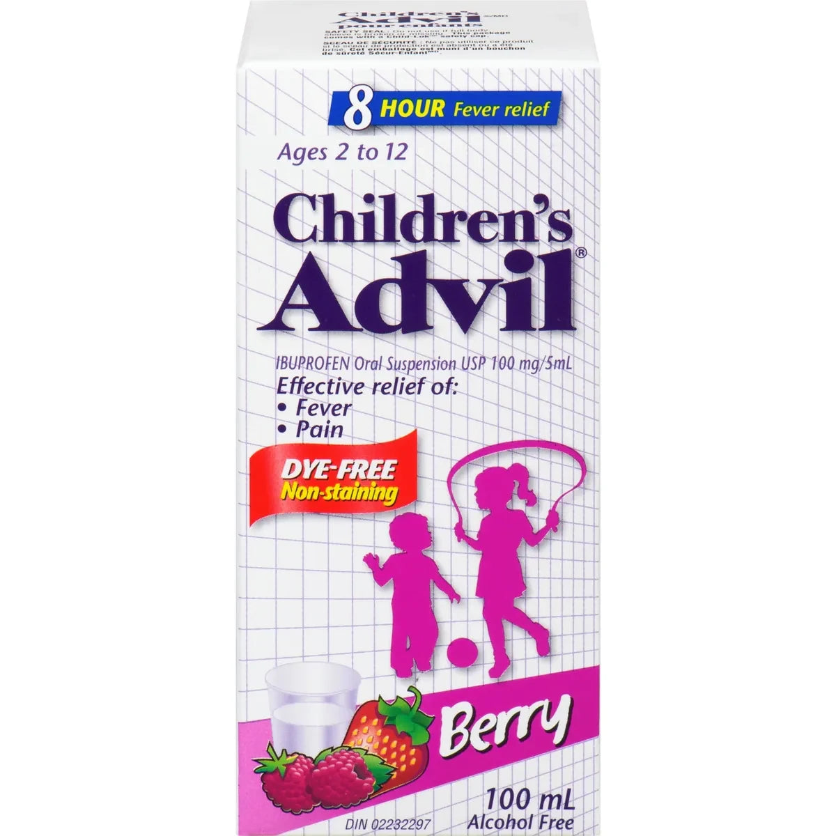 Advil Children's Fever and Pain Relief Ibuprofen Oral Suspension, Dye Free, Berry, 100 mL front package