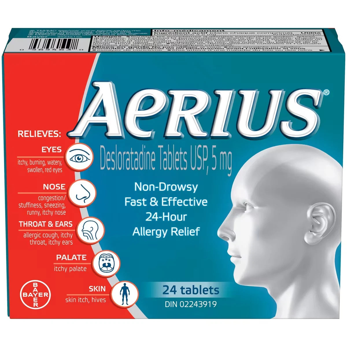 Aerius Allergy Medicine, 24-Hour, Non-Drowsy, 24 Tablets product package