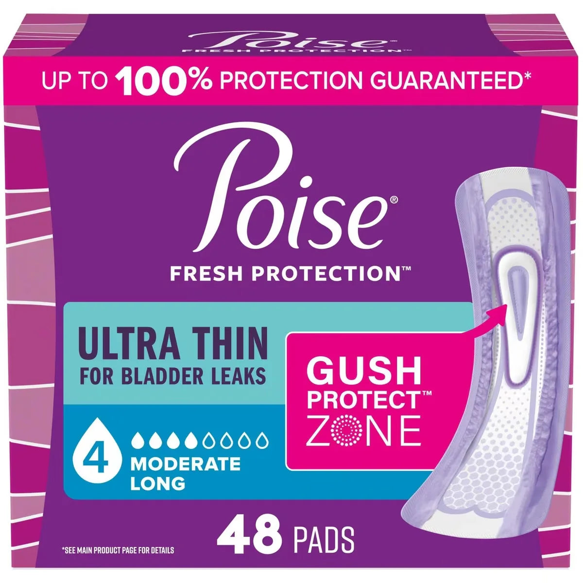 Poise Ultra Thin Incontinence & Postpartum Pads for Bladder Leaks, 4 Drop Moderate Absorbency, Long Length front package