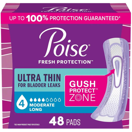 Poise Ultra Thin Incontinence & Postpartum Pads for Bladder Leaks, 4 Drop Moderate Absorbency, Long Length front package