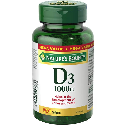 Natures Bounty Vitamin D3 Pills and Supplement, Helps in development of bones and teeth, 1000 IU 500 count front package