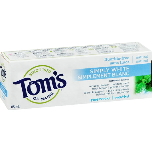 Tom's of Maine Simply White Peppermint Natural Fluoride-Free Toothpaste 85ML front package