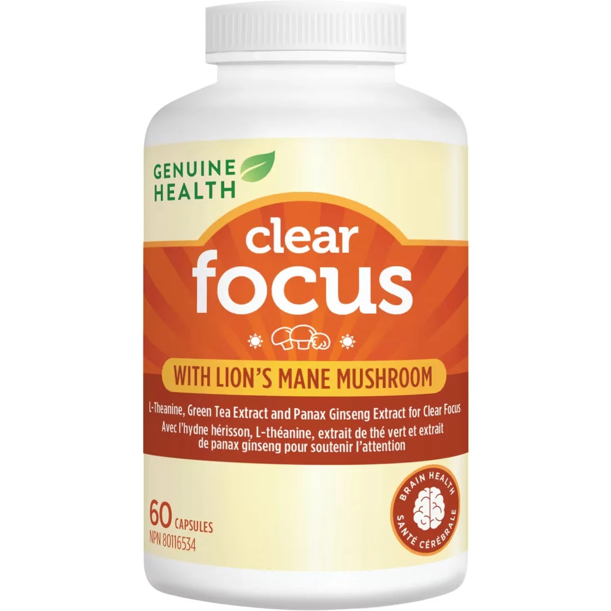Genuine Health Clear Focus with Lion's Mane Mushroom, Vegan, Gluten Free, Soy Free, Non GMO front package