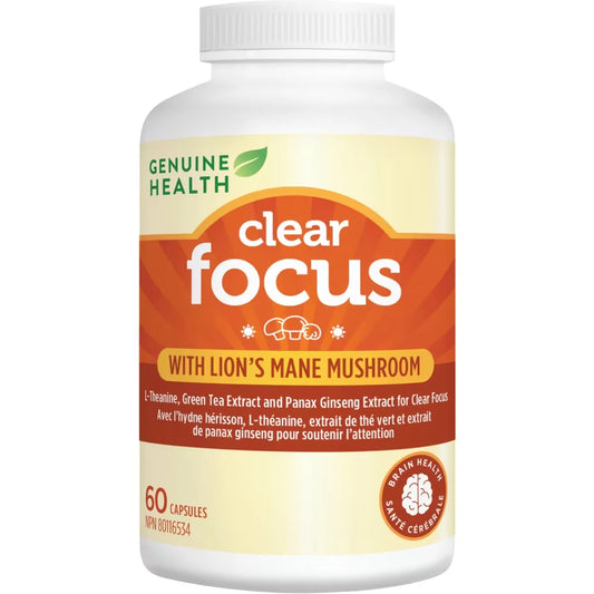 Genuine Health Clear Focus with Lion's Mane Mushroom, Vegan, Gluten Free, Soy Free, Non GMO front package