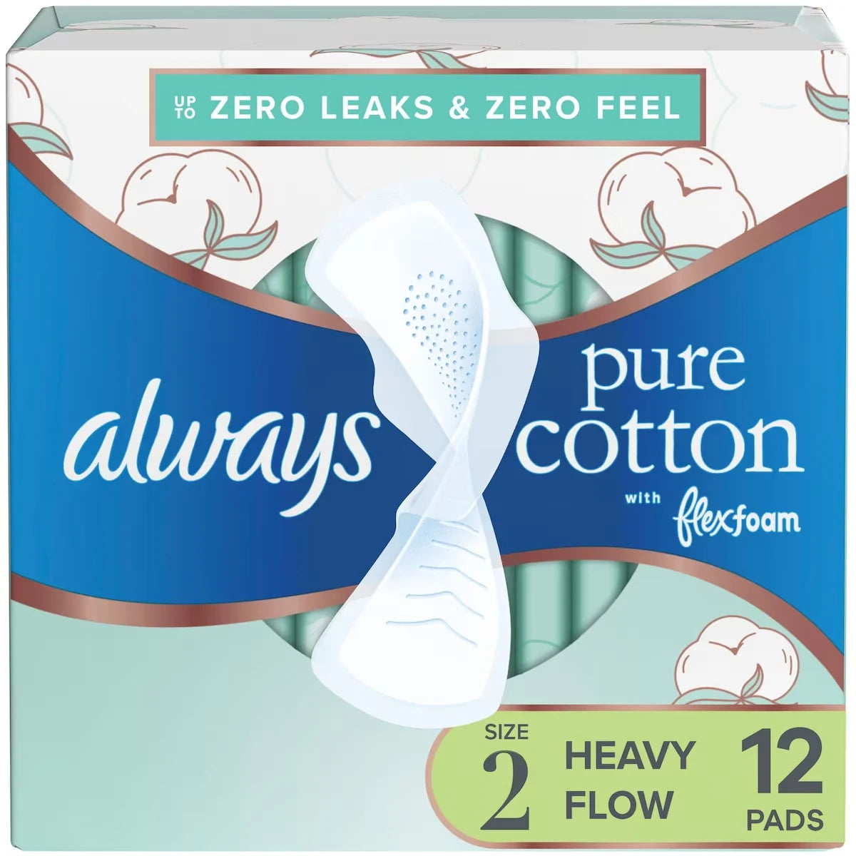 Always Pure Cotton with FlexFoam Pads Size 2, 12 Count front package