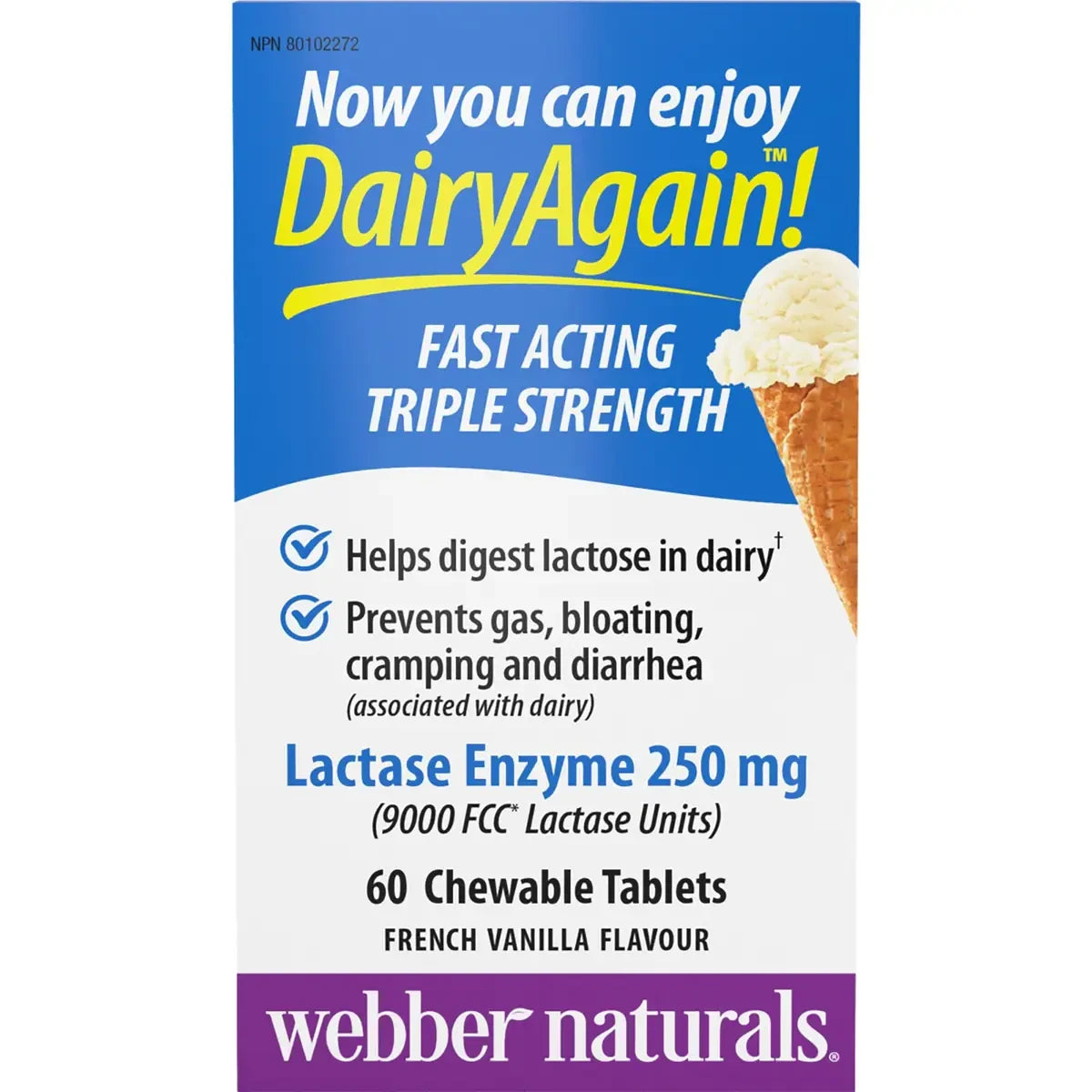 Webber Dairy Again!TM Lactase Enzyme 250 mg French Vanilla front package