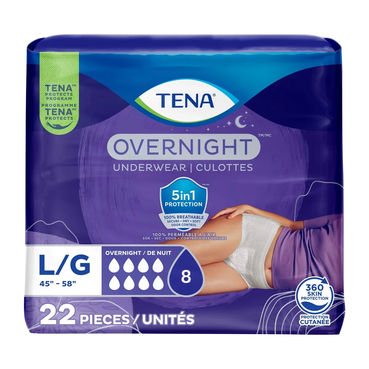 Tena Incontinence Underwear for Women, Bladder Leakage, Overnight Absorbency, Large, 22 Count product package