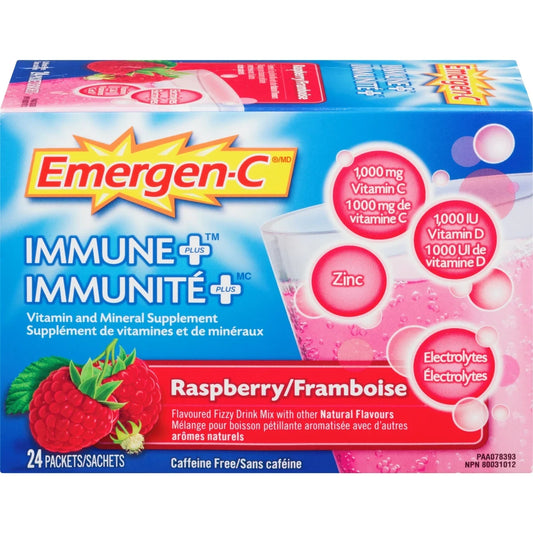 Emergen-C Immune+ Vitamin C & Mineral Supplement Fizzy Drink Mix, Raspberry front package