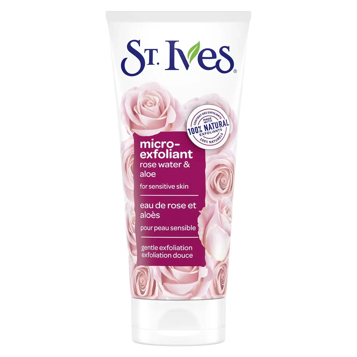 St. Ives Gentle Smoothing Scrub for smooth skin Rose Water & Aloe Vera with 100% Natural Exfoliants product package
