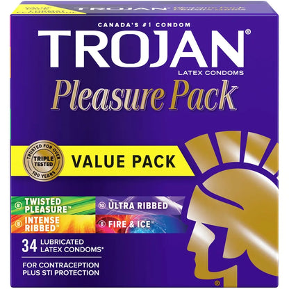Trojan Pleasure Pack Assorted Lubricated Condoms, Extra Stimulating front package