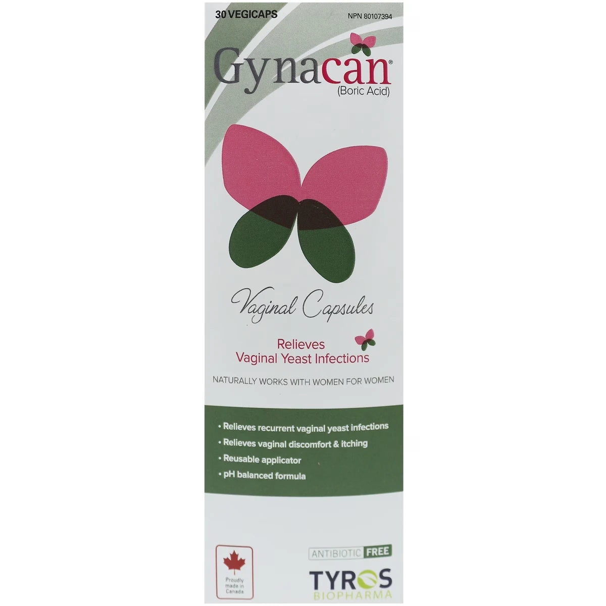 Gynacan Boric Acid Vaginal Capsules 30 capsules front package