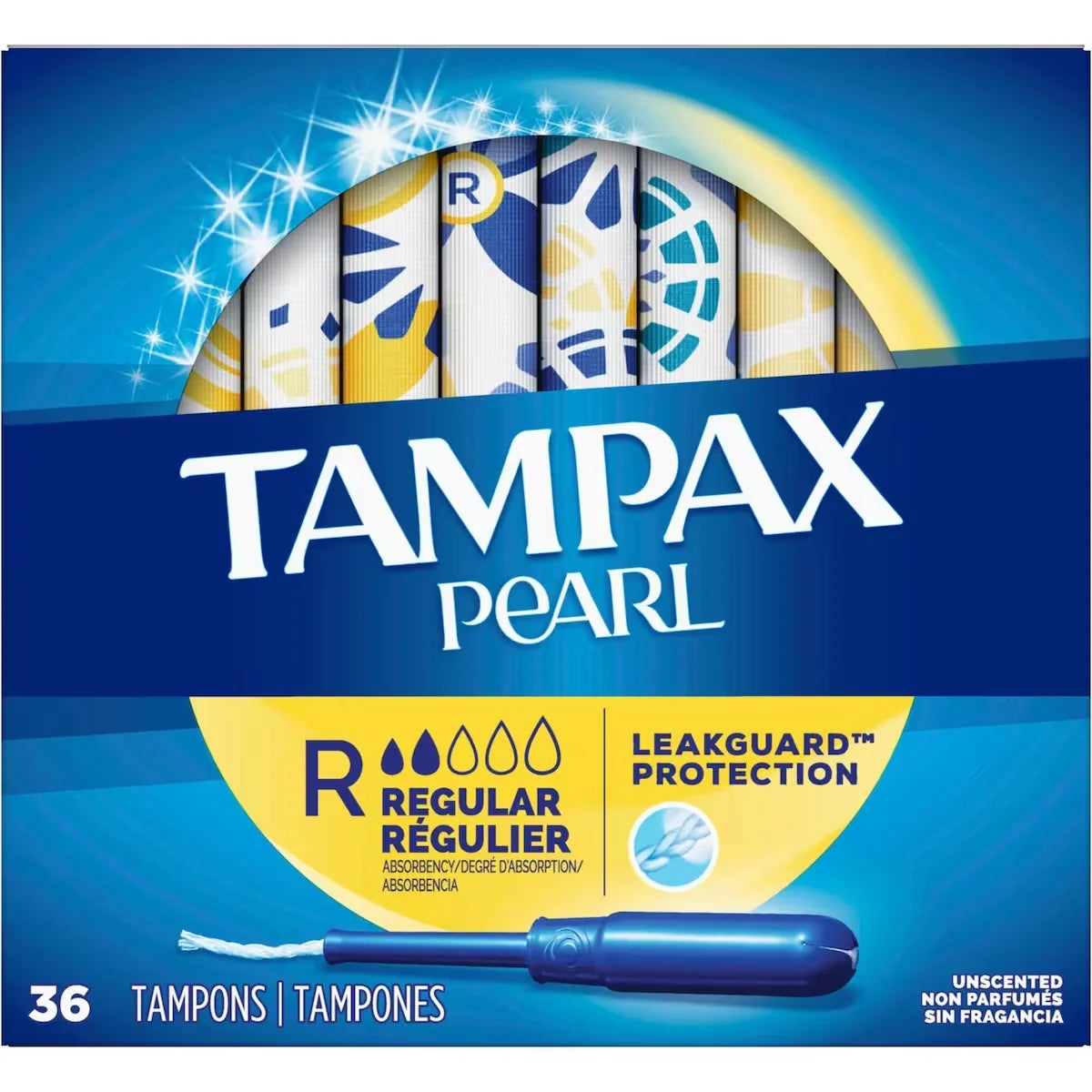 Tampax Pearl Tampons Regular Absorbency with LeakGuard Braid, Unscented, 36 Count front package