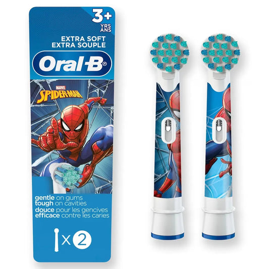 Oral-B Kids Extra Soft Replacement Brush Heads featuring Marvel's Spiderman, 2 count front package