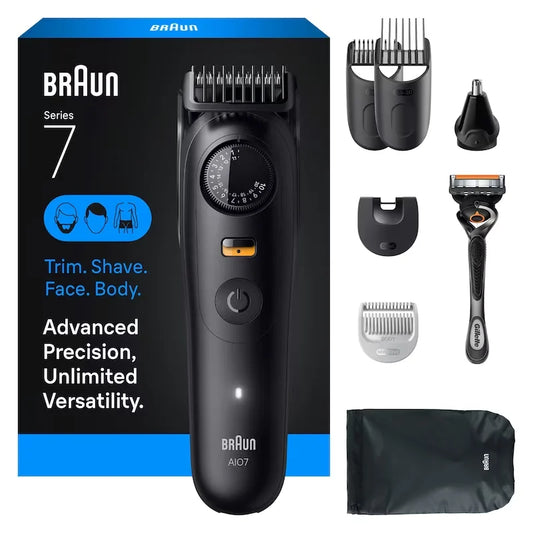 Braun All-in-One Series 7 Trimmer Kit, 40 Lengths, Lifetime Sharp Metal Blade, AIO 7530, Matte Black front package