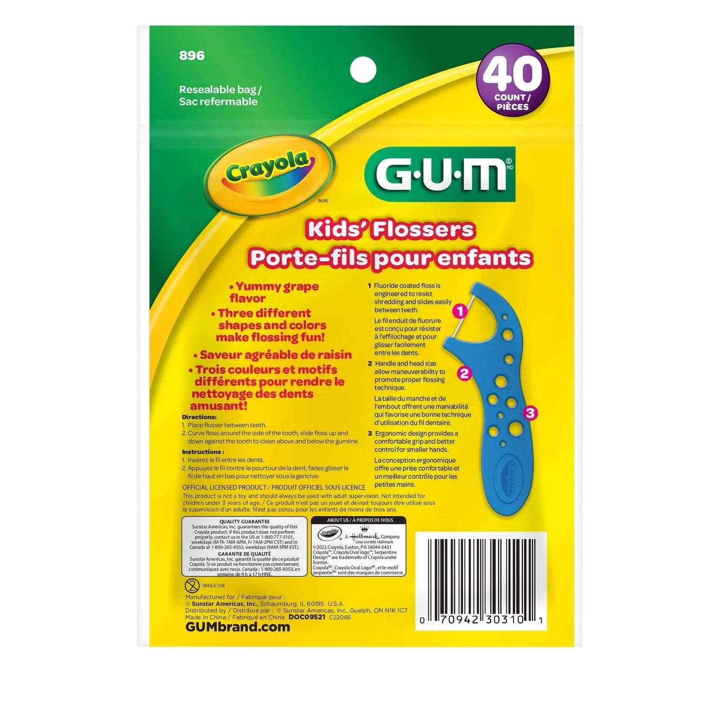 Fil dentaire pour enfants GUM CRAYOLA™, enduit de fluor, 3 ans et plus, 40 pièces