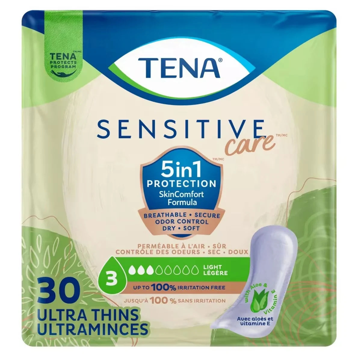 Tena Sensitive Care Incontinence Pads for Women, 30 count front package