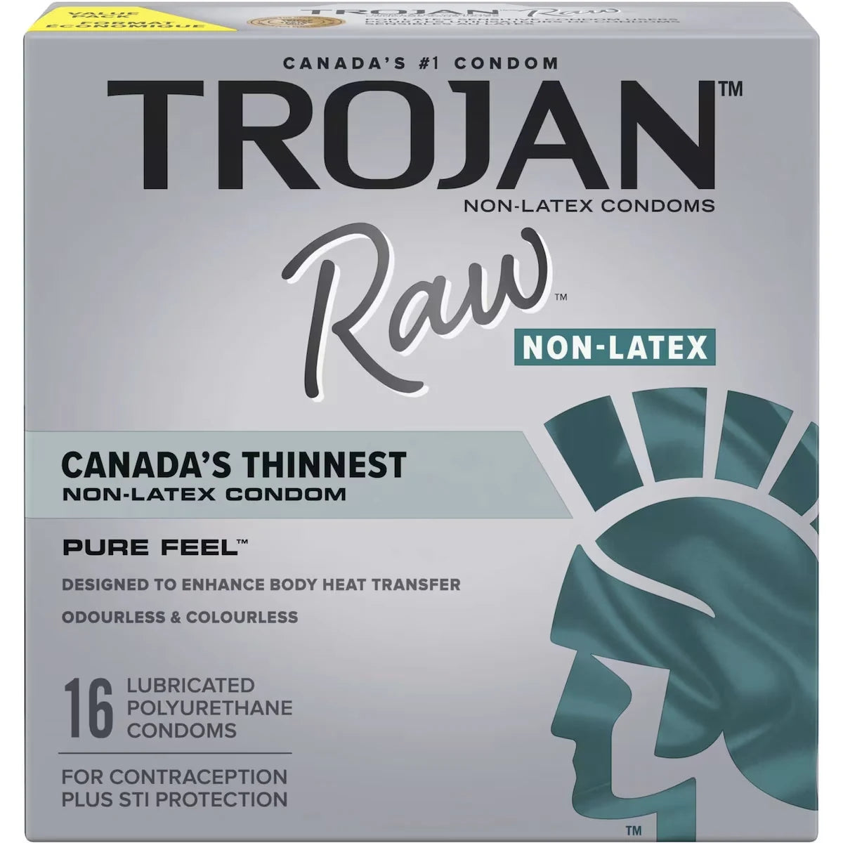 Trojan Raw Non-Latex Lubricated Pure Feel Condoms, Canada's Thinnest Non-Latex Condom 16 Count product package