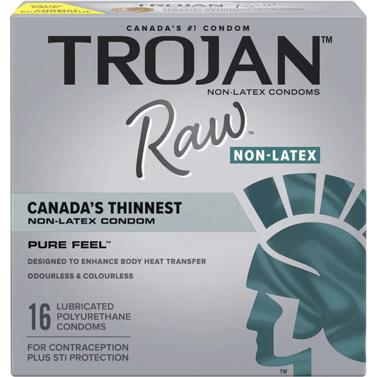 Trojan Raw Non-Latex Lubricated Pure Feel Condoms, Canada's Thinnest Non-Latex Condom 16 Count product package