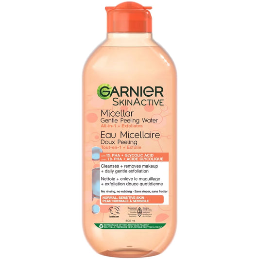 Garnier SkinActive Micellar Gentle Peeling Water with 1% PHA + Glycolic Acid + Papaya Extract front package