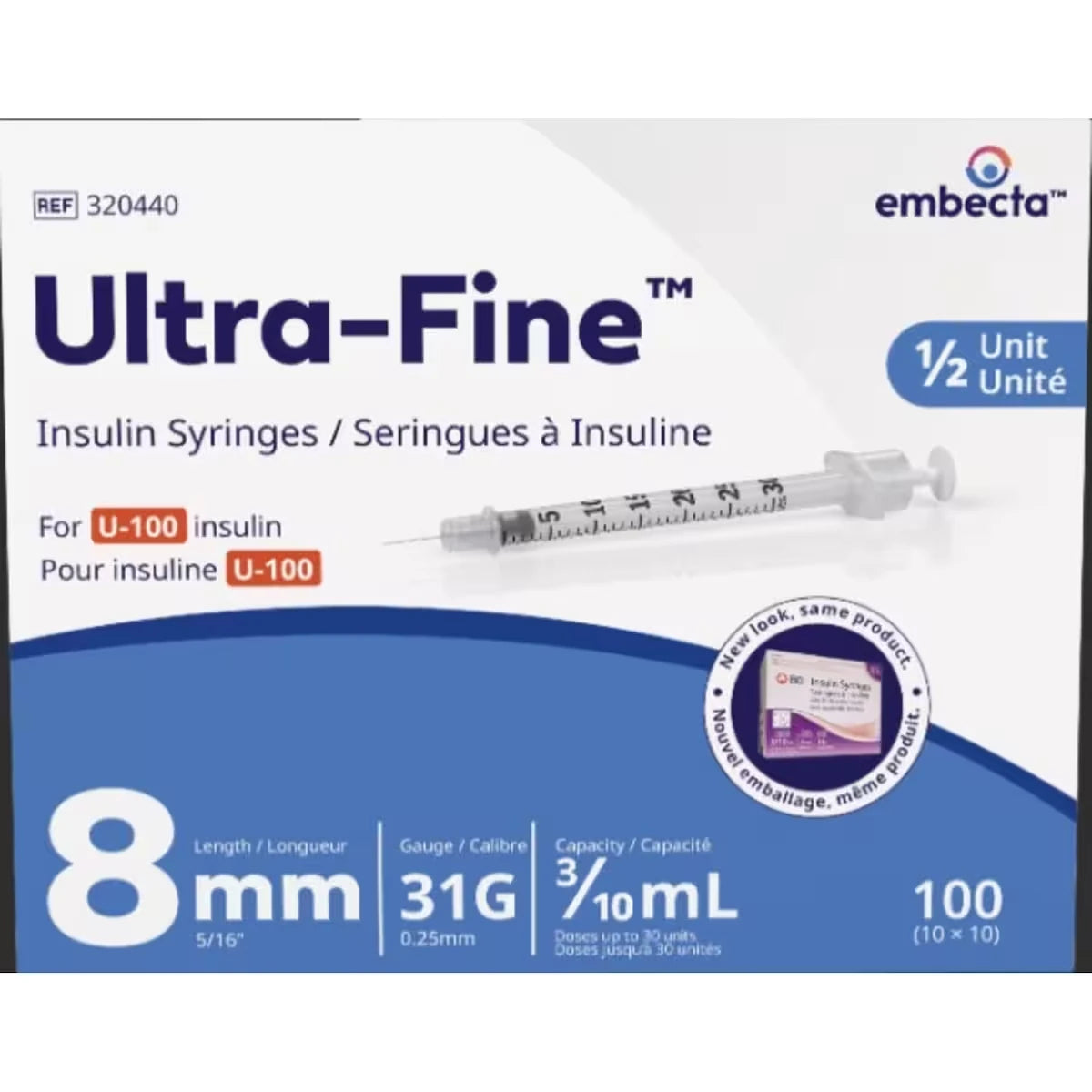 embecta Ultra-FineTM Insulin Syringes U-100 8mm 31G 0.3mL 1⁄2 unit view 2