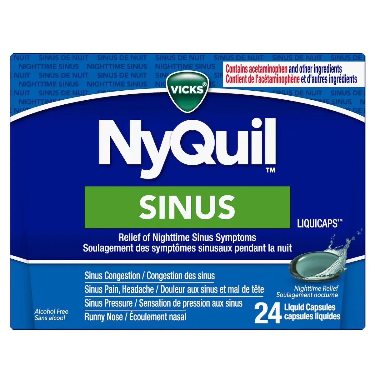Vicks NyQuil Sinus Liquid Capsules, 24 Count front package