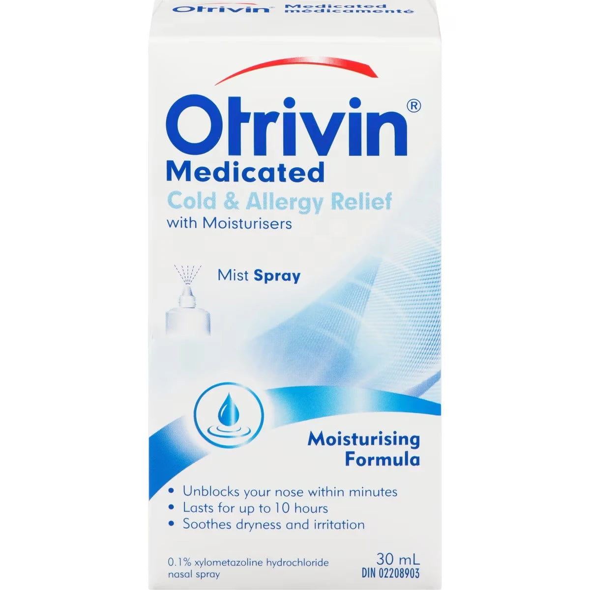 Otrivin Medicated Cold & Allergy Relief W/Moisturizers Spray front package