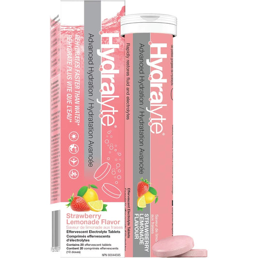 Hydralyte Effervescent Electrolyte Tablets, Strawberry Lemonade front package