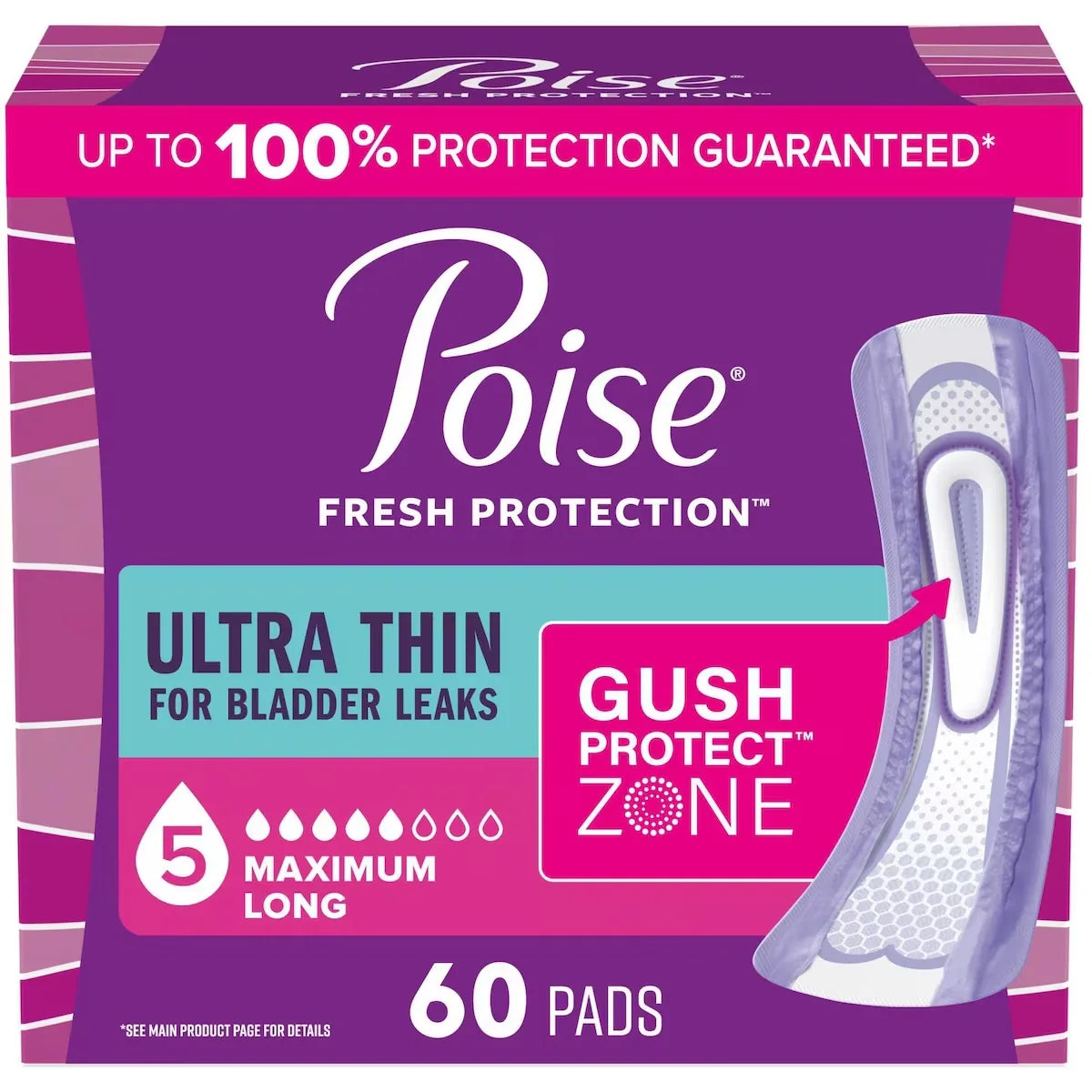 Poise Ultra Thin Incontinence & Postpartum Pads for Bladder Leaks, 5 Drop Maximum Absorbency, Long Lengtht front package
