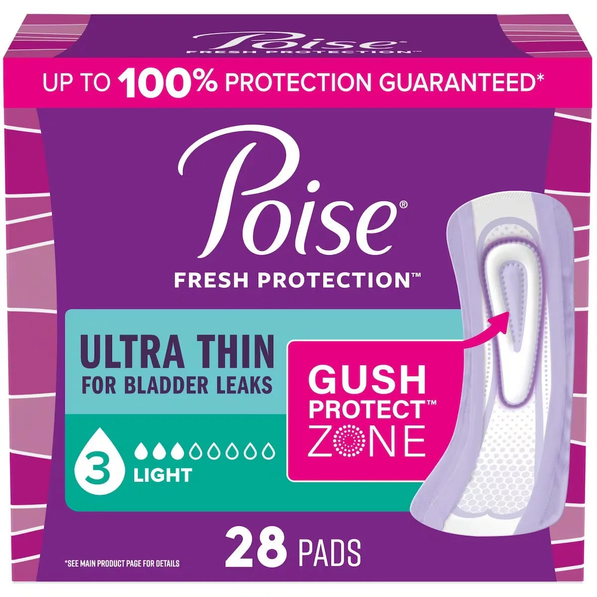 Poise Ultra Thin Incontinence & Postpartum Pads for Bladder Leaks, 3 Drop Light Absorbency, Regular Length front package