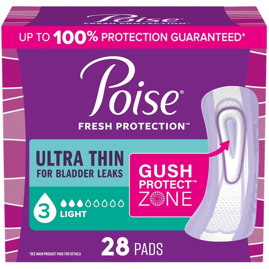 Poise Ultra Thin Incontinence & Postpartum Pads for Bladder Leaks, 3 Drop Light Absorbency, Regular Length front package