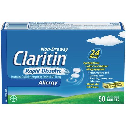 Claritin Rapid Dissolve Allergy Medicine, 24-Hour Non-Drowsy Relief 10 mg, 50 Tablets front package