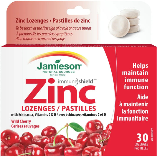 Jamieson Zinc Lozenges with Echinacea, Vitamin C and D - Wild Cherry front package