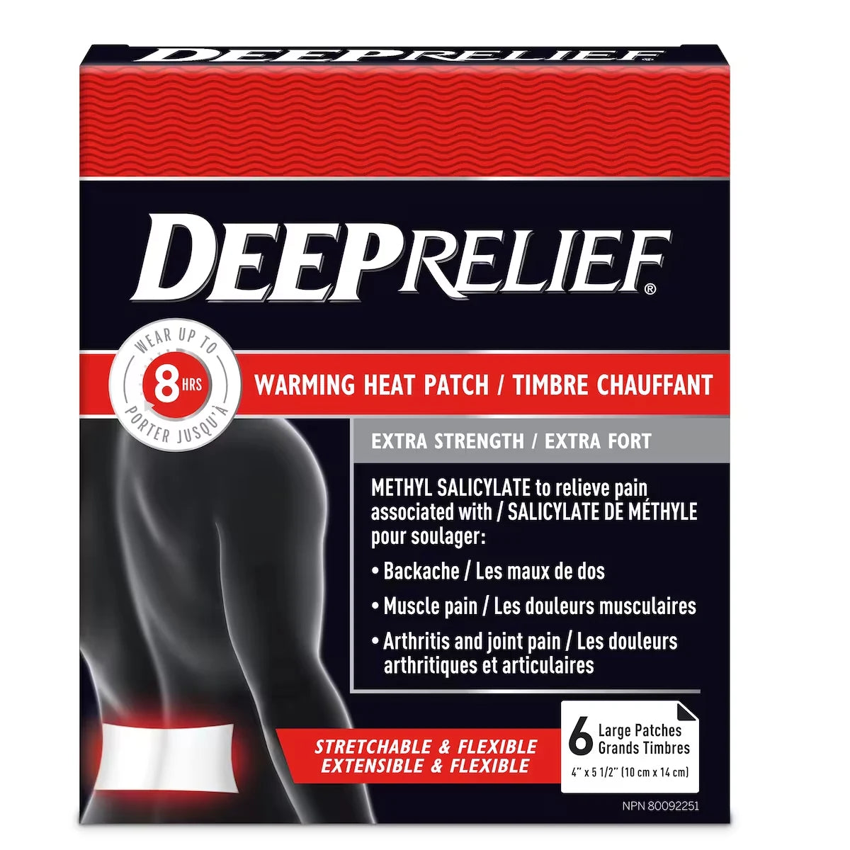 Deep Relief Warming Heat Pain Relief Patch, Extra Strength, Helps Relieve Backaches & Muscle Pain front package