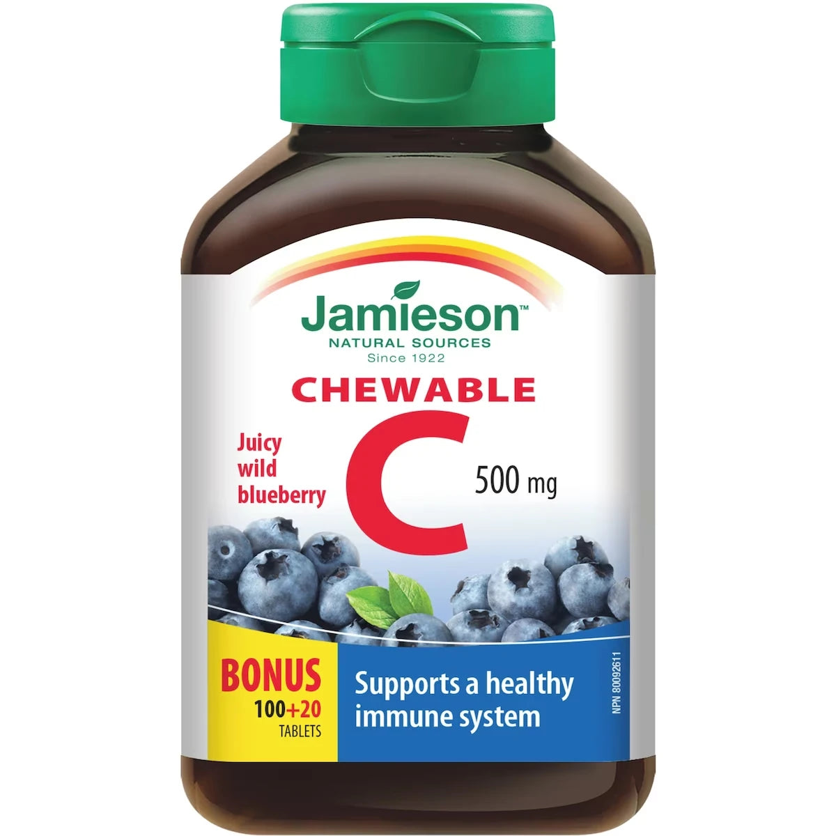 Jamieson Chewable Vitamin C 500 mg Wild Blueberry Flavour front package