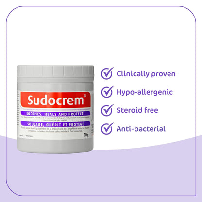 Sudocrem - Diaper Rash Cream for Baby, Soothes, Heals, and Protects, Relief and Treatment of Diaper Rash, Zinc Oxide Cream - 60g