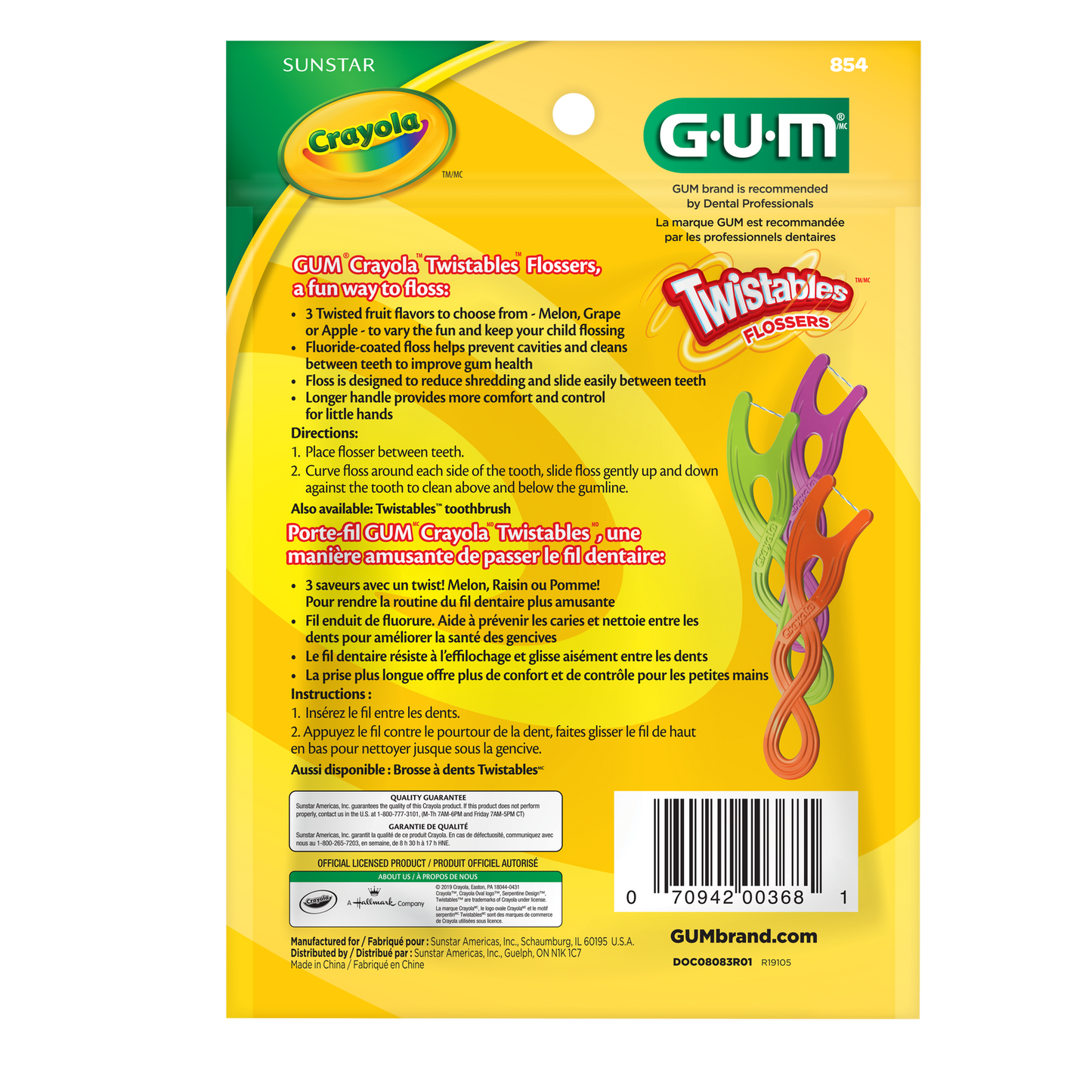 Fil dentaire pour enfants GUM CRAYOLA™ TWISTABLES®, enduit de fluorure, 3 ans et plus, 40 unités