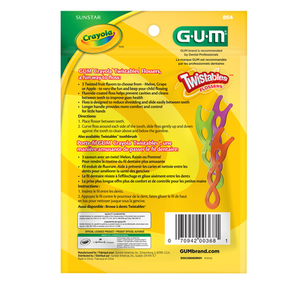 Fil dentaire pour enfants GUM CRAYOLA™ TWISTABLES®, enduit de fluorure, 3 ans et plus, 40 unités