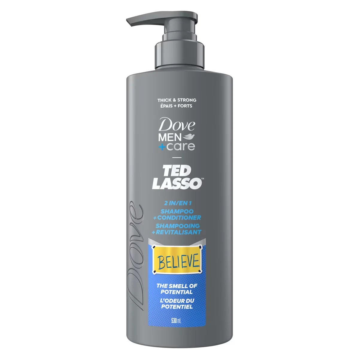 Dove Men+Care Thick + Strong 2-in-1 Shampoo + Conditioner For Weak Hair, Builds Hair Strength with Calcium front package