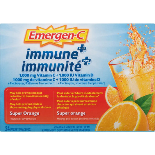 Emergen-C Immune+ Vitamin C & Mineral Supplement Fizzy Drink Mix, Super Orange front package
