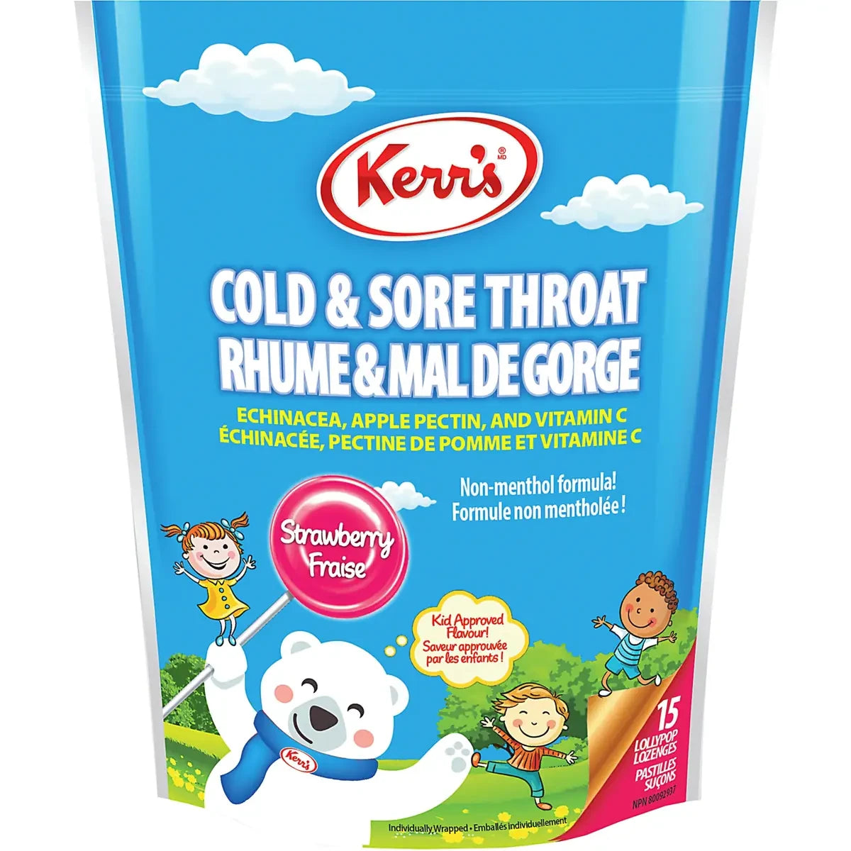Kerr's Strawberry COLD & Sore Throat Lollypop Lozenges front package
