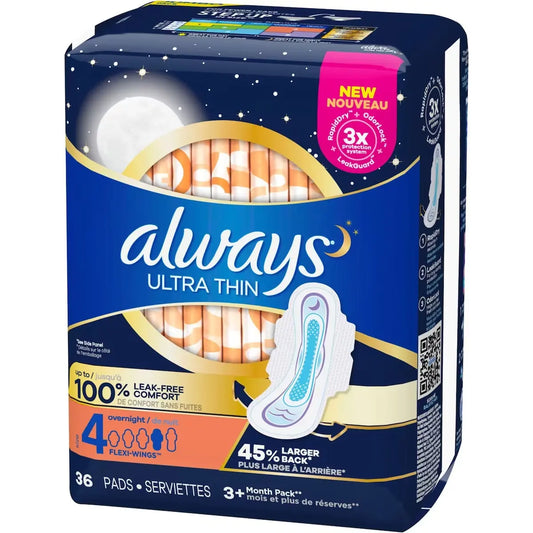 Always Ultra Thin Pads Size 4 Overnight Absorbency Unscented with Wings, 36 Count front package