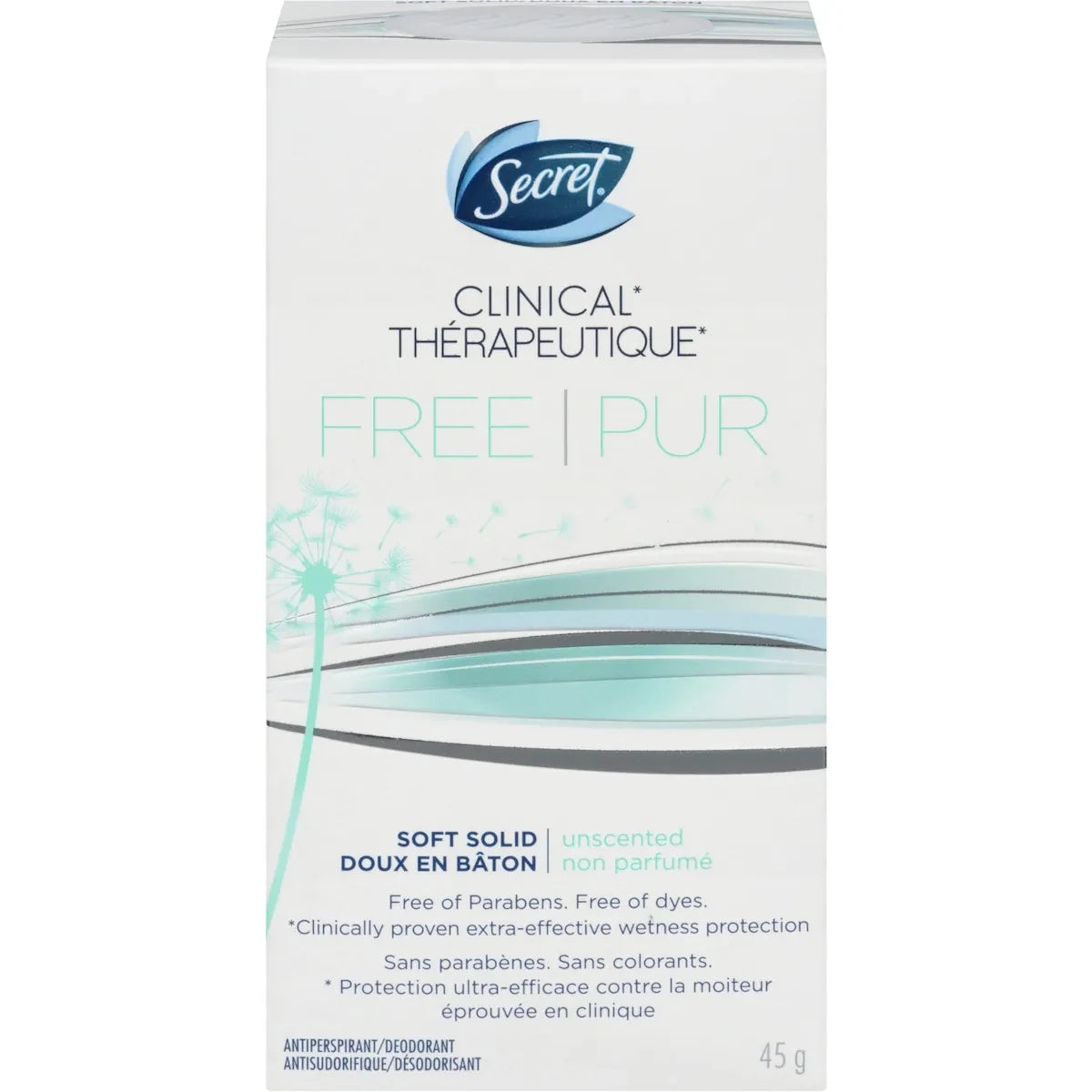 Secret Clinical Antiperspirant and Deodorant Soft Solid, FREE, Sensitive Unscented, 45g front package